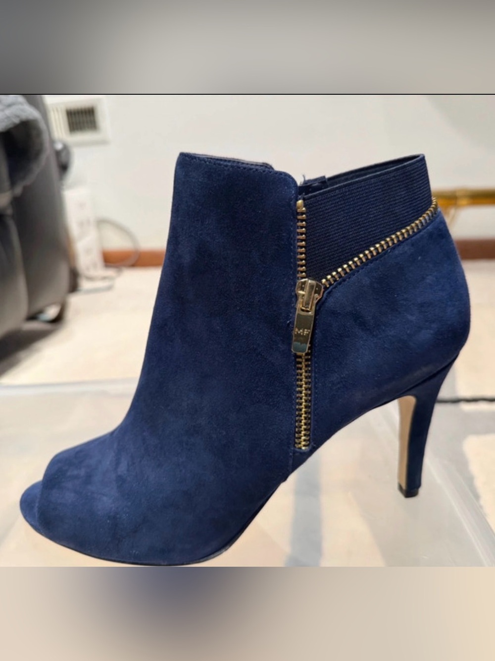 Marc Fisher Navy Suede Peep-Toe Ankle Bootie with Gold Zip